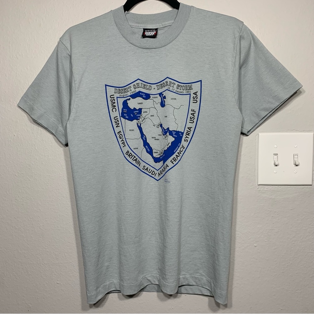 Vintage 90s Military Desert Shield - Desert Storm War Map Blue‎ Tee Small